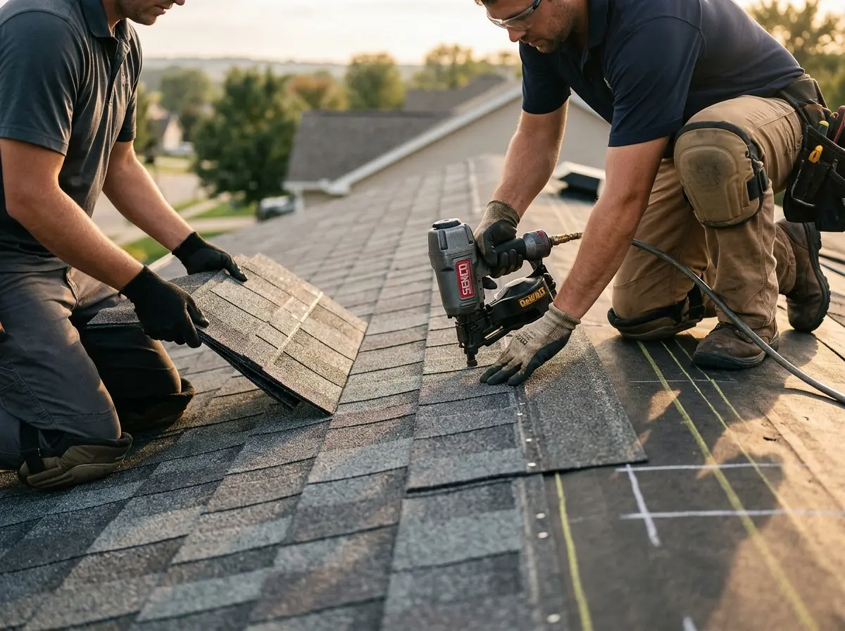 Professional roofer working on a residential roof in Upper St. Clair
